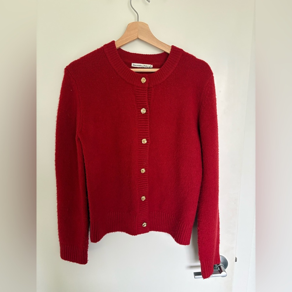 Abercrombie & Fitch Red Crewneck Cardigan with Gold Buttons